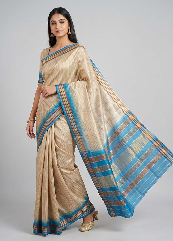 Cream Handloom Tussar Pure Silk Saree With Blouse Piece