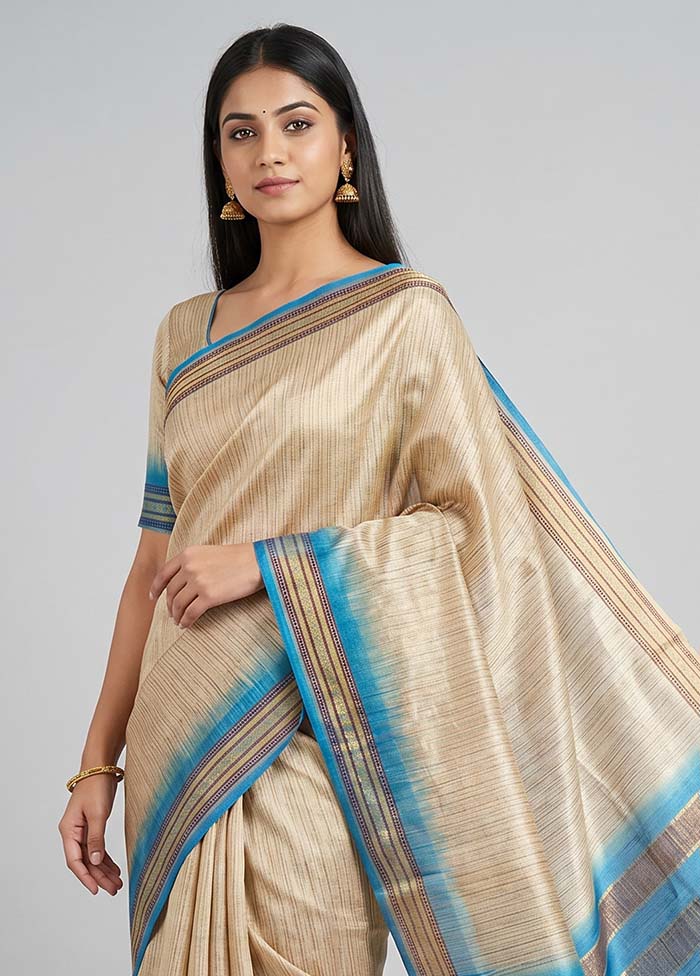 Cream Handloom Tussar Pure Silk Saree With Blouse Piece