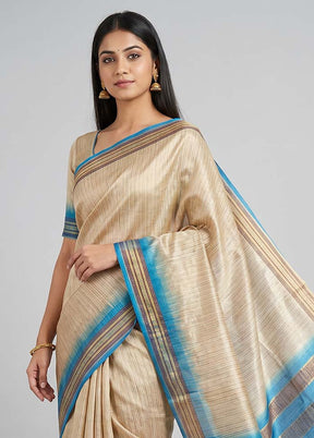 Cream Handloom Tussar Pure Silk Saree With Blouse Piece