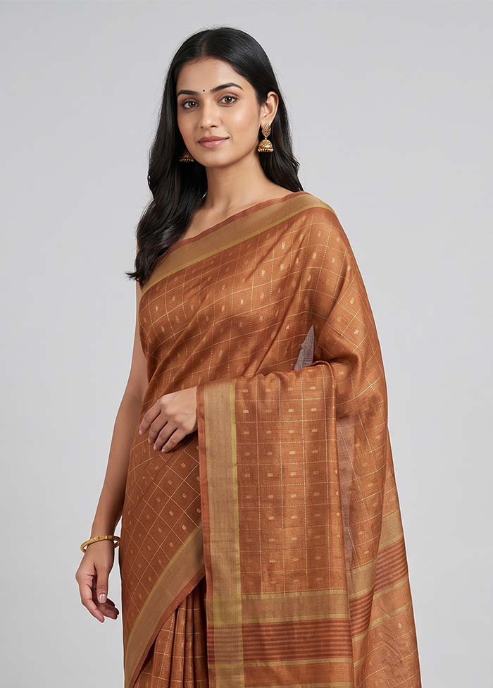 Rust Handloom Tussar Pure Silk Saree With Blouse Piece