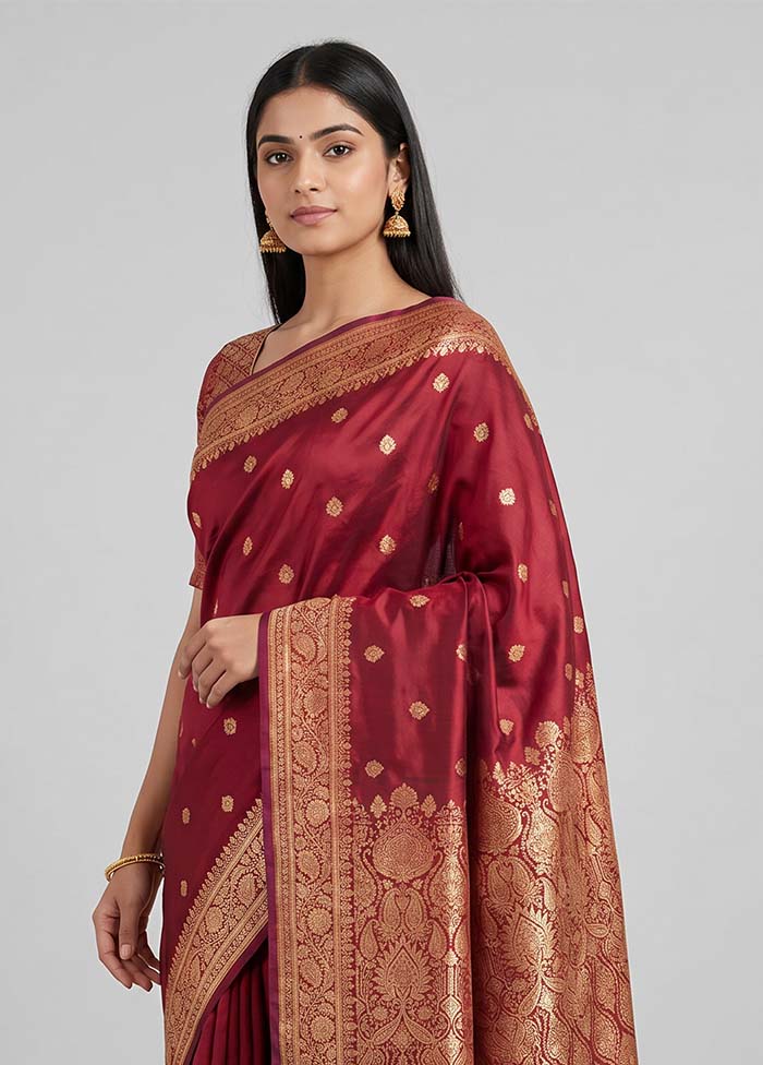 Maroon Banarasi Silk Saree With Blouse Piece