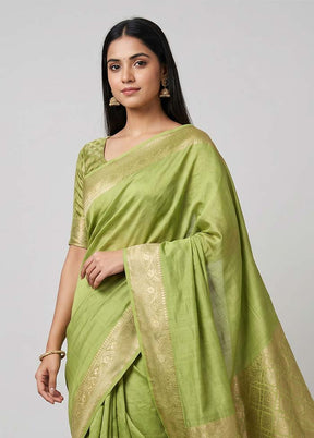 Green Handloom Dupion Pure Silk Saree With Blouse Piece