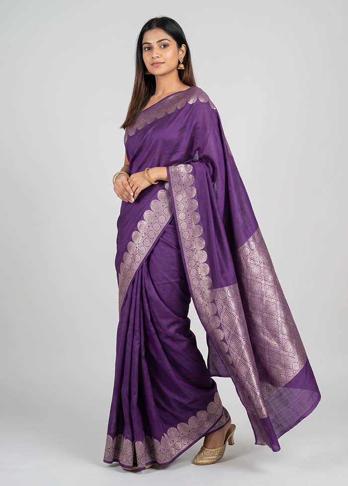 Purple Handloom Dupion Pure Silk Saree With Blouse Piece