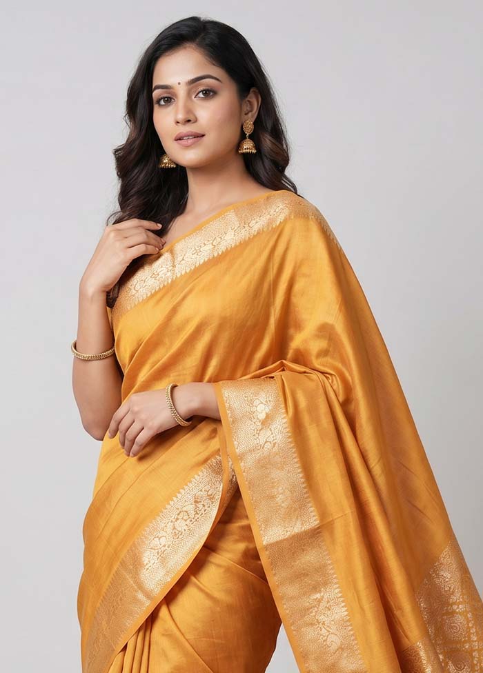 Yellow Handloom Dupion Pure Silk Saree With Blouse Piece