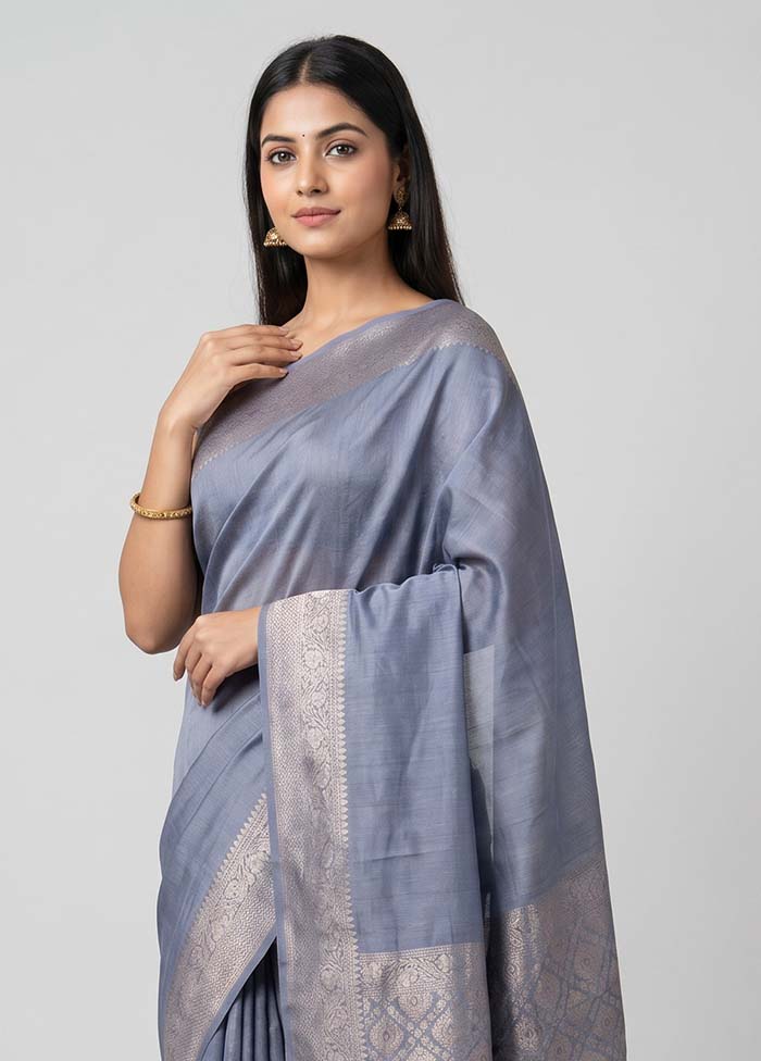 Blue Handloom Dupion Pure Silk Saree With Blouse Piece