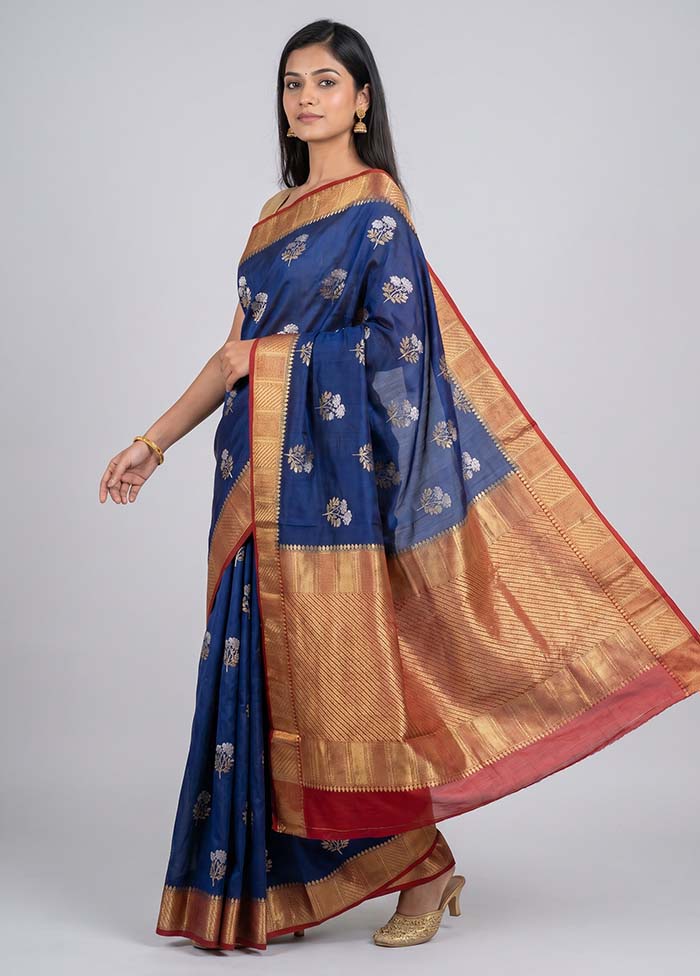 Blue Dupion Silk Saree With Blouse Piece