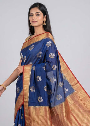 Blue Dupion Silk Saree With Blouse Piece