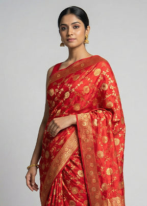 Red Dupion Silk Saree With Blouse Piece