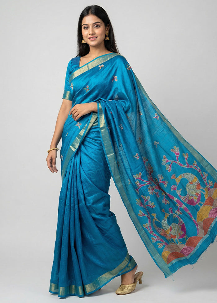 Blue Cotton Saree With Blouse Piece