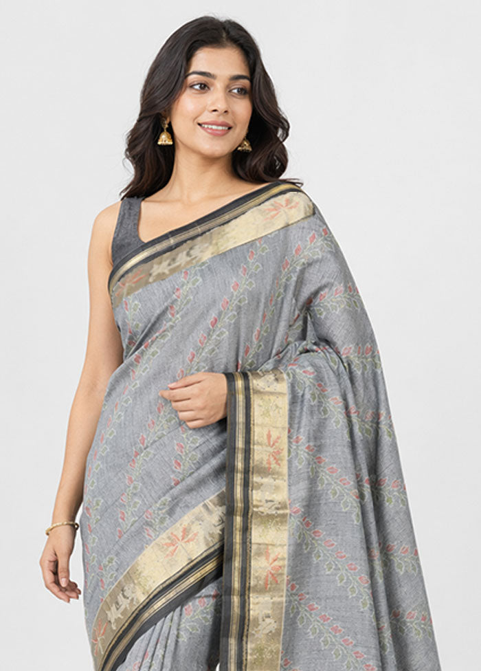 Grey Cotton Saree With Blouse Piece