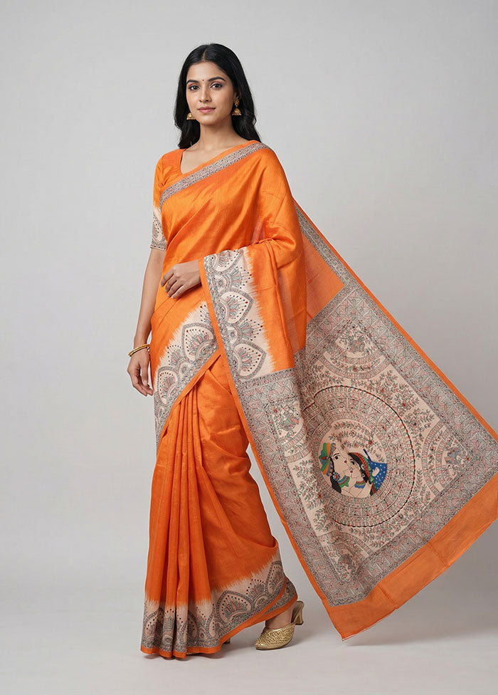 Orange Printed Silk Saree Without Blouse Piece