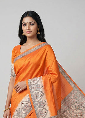 Orange Printed Silk Saree Without Blouse Piece