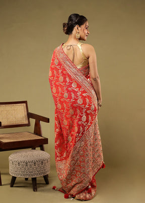Red Handloom Pure Georgette Saree With Blouse Piece