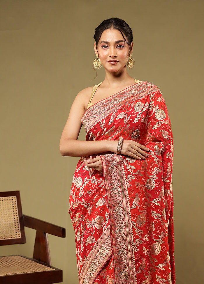 Red Handloom Pure Georgette Saree With Blouse Piece