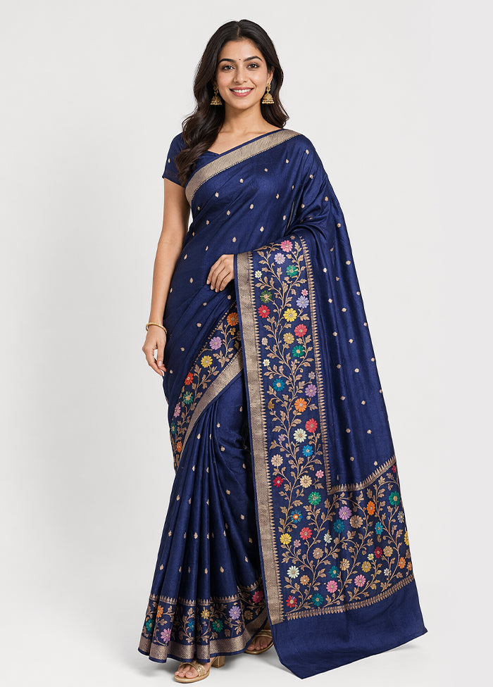 Blue Handloom Katan Pure Silk Saree With Blouse Piece