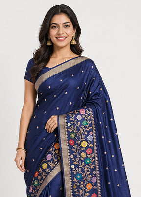 Blue Handloom Katan Pure Silk Saree With Blouse Piece