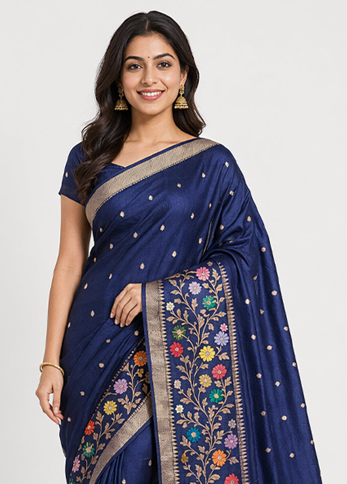 Blue Handloom Katan Pure Silk Saree With Blouse Piece
