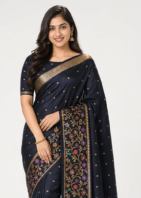 Black Handloom Katan Pure Silk Saree With Blouse Piece