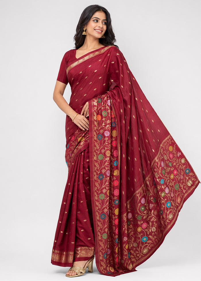 Maroon Handloom Katan Pure Silk Saree With Blouse Piece