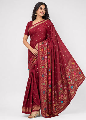 Maroon Handloom Katan Pure Silk Saree With Blouse Piece