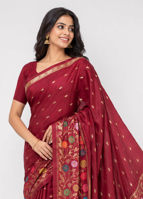 Maroon Handloom Katan Pure Silk Saree With Blouse Piece