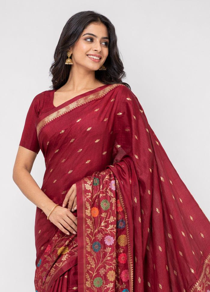 Maroon Handloom Katan Pure Silk Saree With Blouse Piece