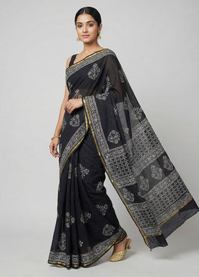 Black Chanderi Silk Saree With Blouse Piece
