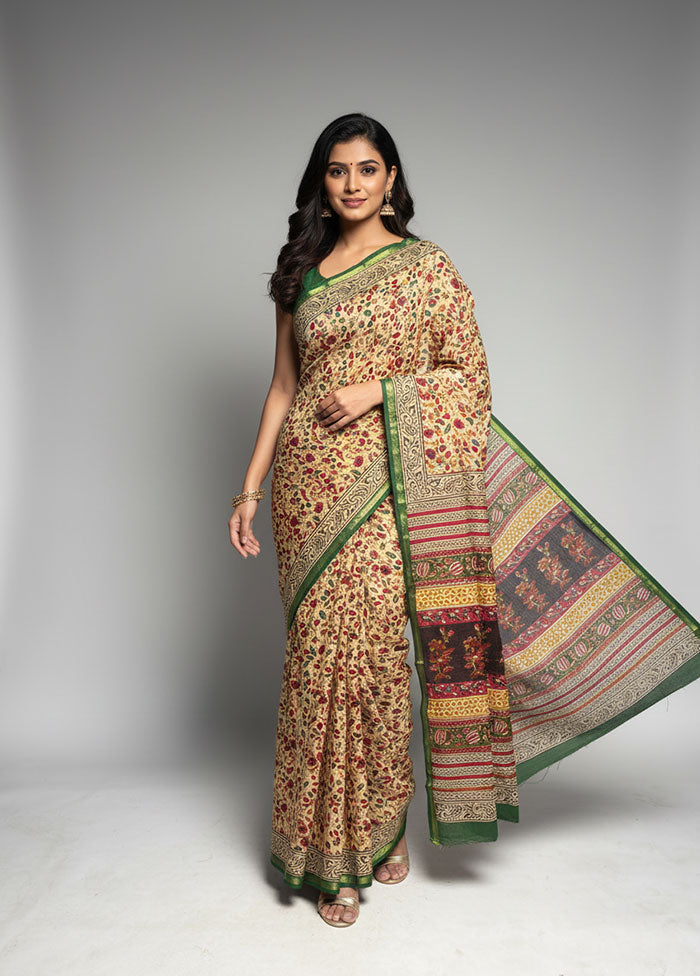 Cream Chanderi Silk Saree With Blouse Piece