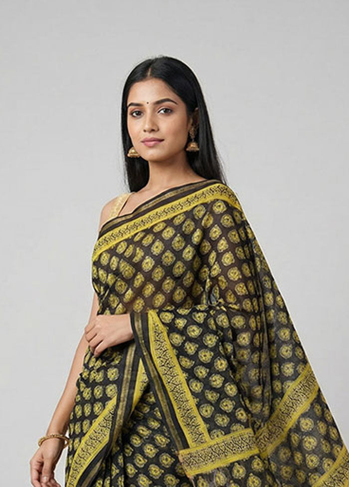 Black Chanderi Silk Saree With Blouse Piece