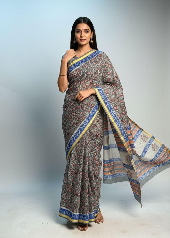 Grey Chanderi Silk Saree With Blouse Piece