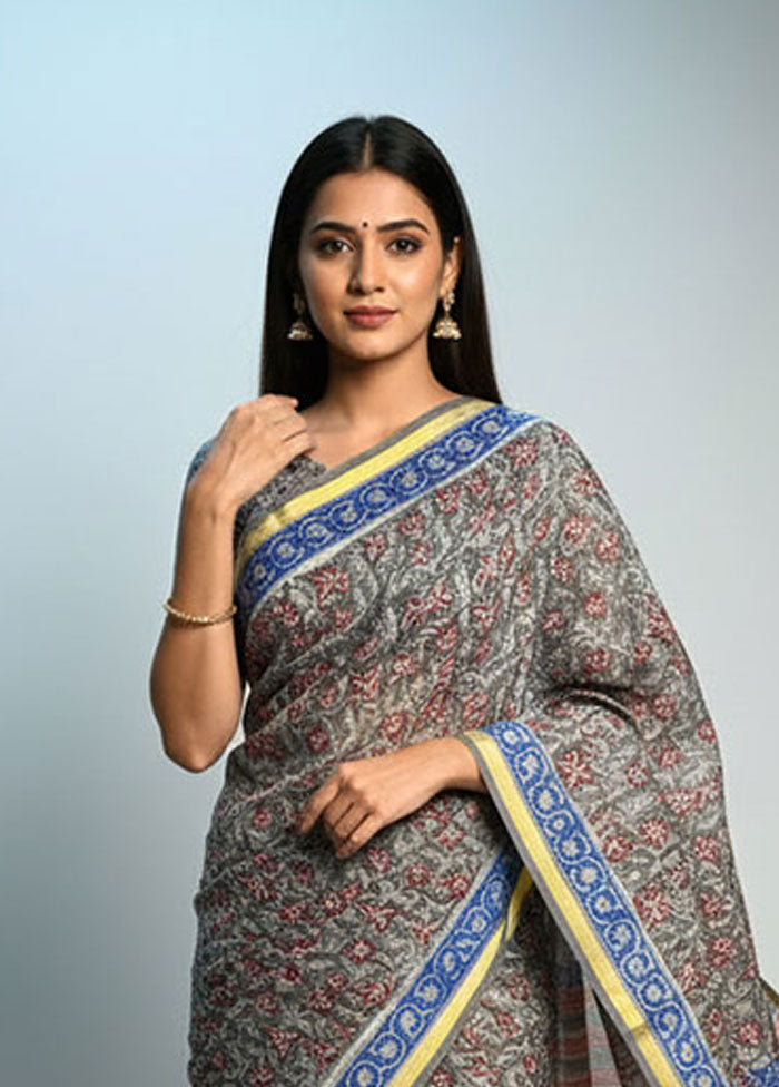 Grey Chanderi Silk Saree With Blouse Piece