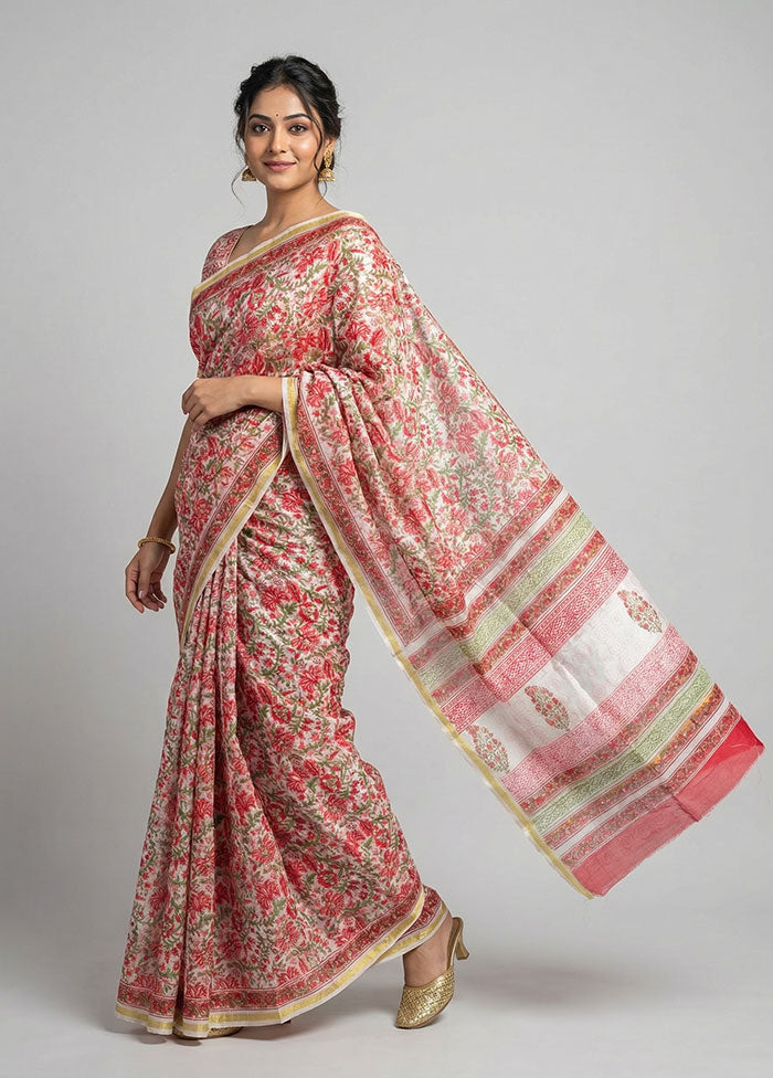White Chanderi Silk Saree With Blouse Piece