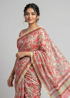 White Chanderi Silk Saree With Blouse Piece