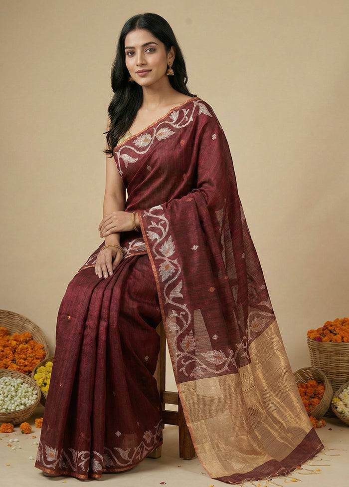 Maroon Handloom Matka Pure Silk Saree With Blouse Piece