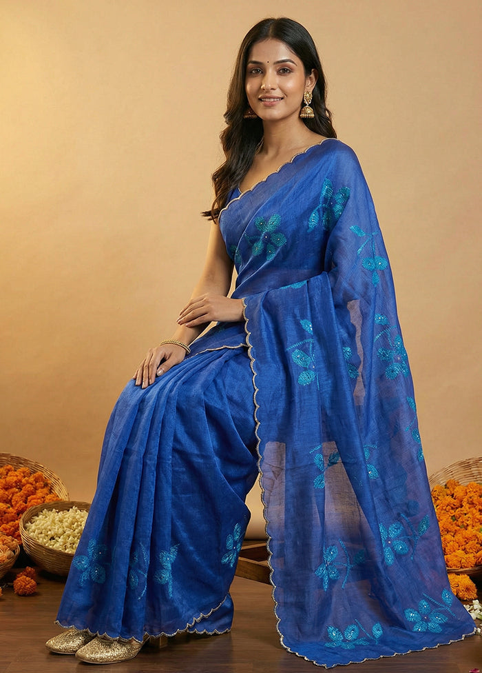 Blue Handloom Tussar Pure Silk Saree With Blouse Piece