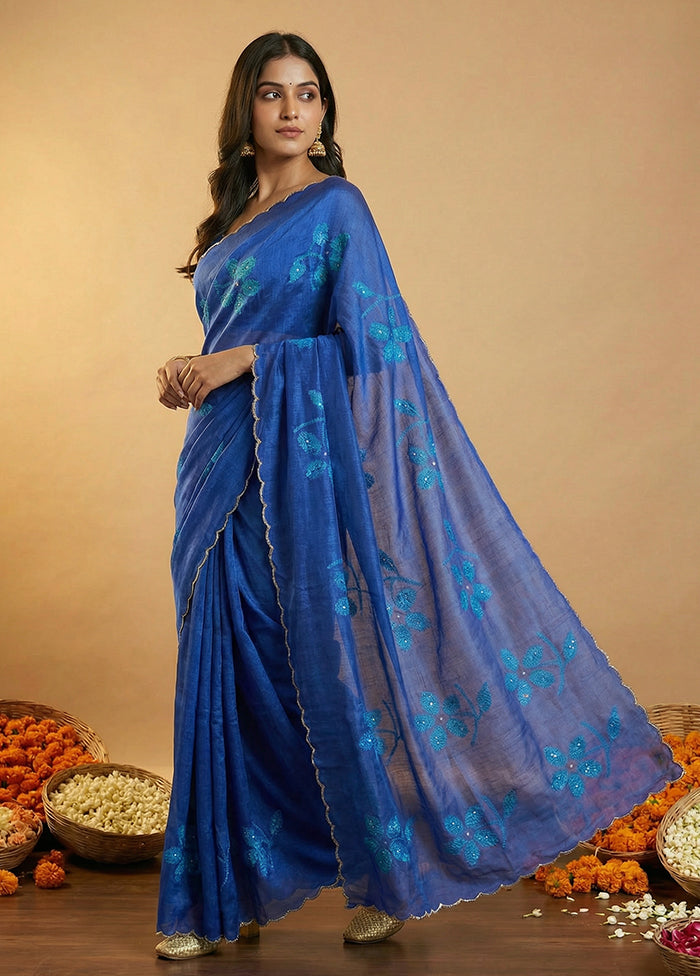 Blue Handloom Tussar Pure Silk Saree With Blouse Piece