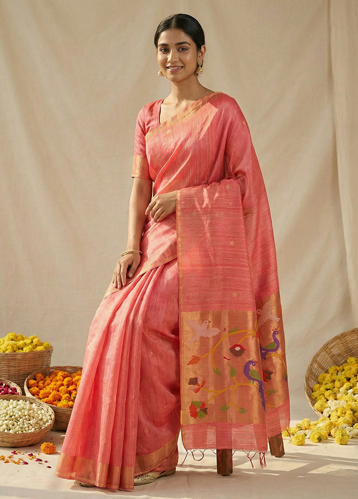 Peach Handloom Matka Pure Silk Saree With Blouse Piece