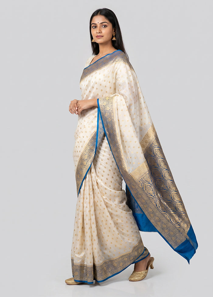 White Banarasi Silk Saree With Blouse Piece