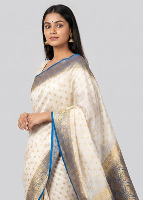White Banarasi Silk Saree With Blouse Piece