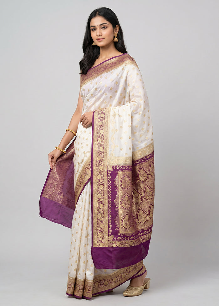 White Banarasi Silk Saree With Blouse Piece