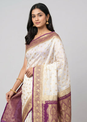 White Banarasi Silk Saree With Blouse Piece