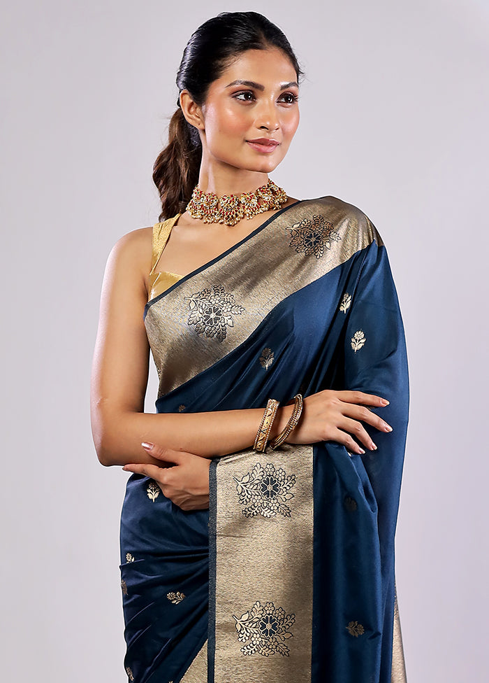 Blue Katan Silk Saree With Blouse Piece