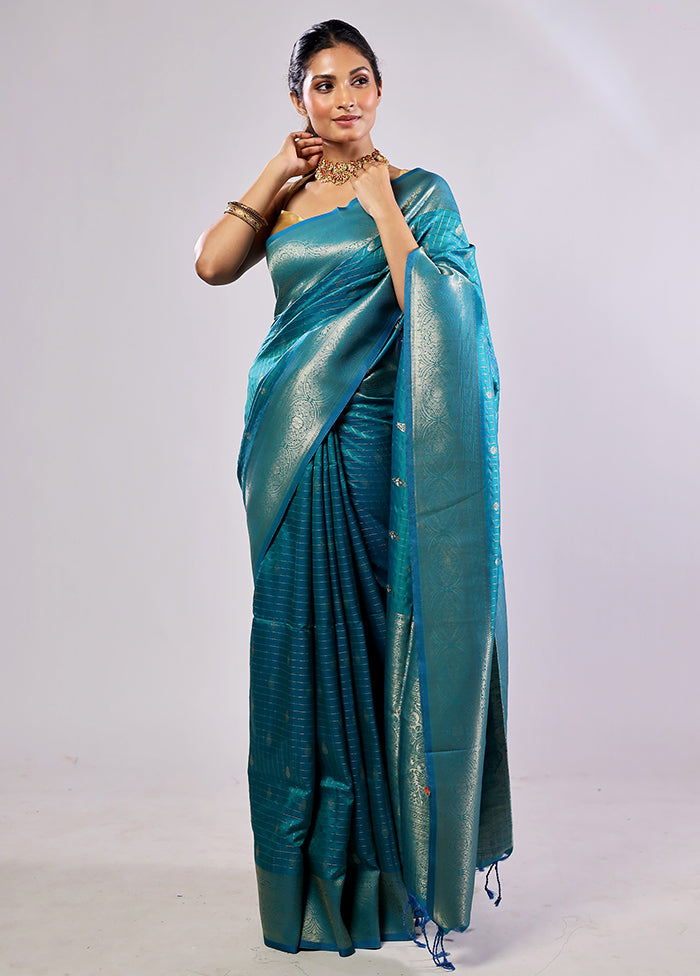 Blue Katan Silk Saree With Blouse Piece
