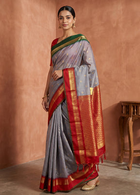 Grey Kanjivaram Silk Saree With Blouse Piece