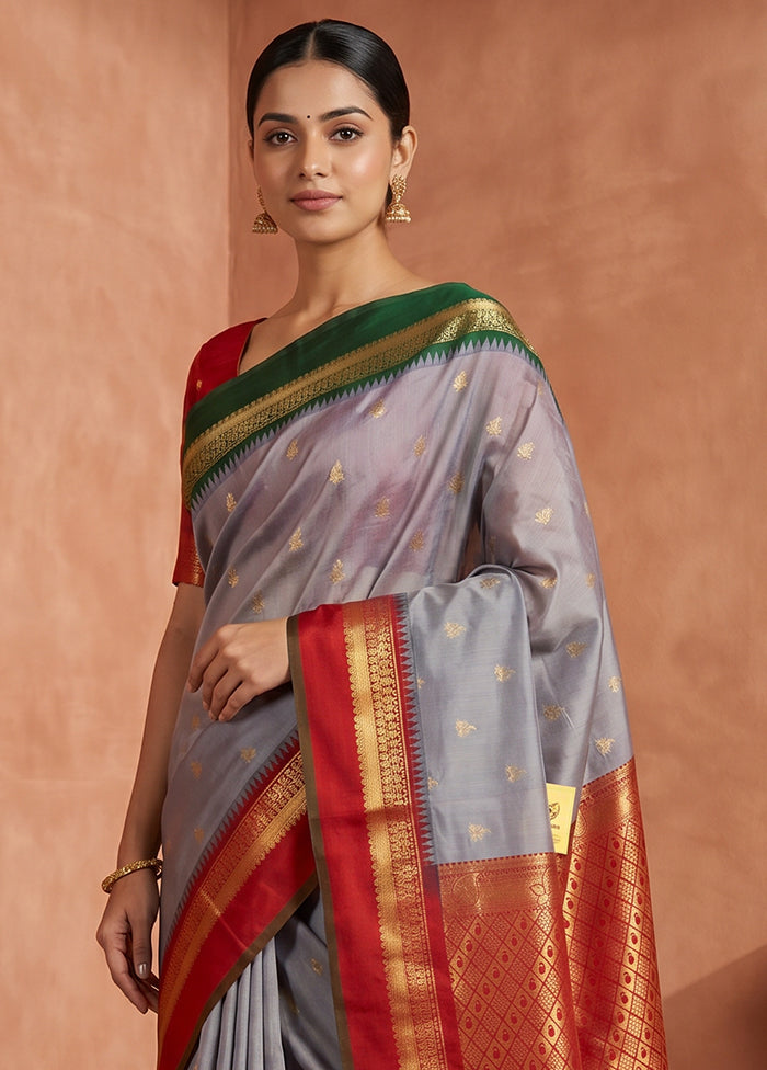 Grey Kanjivaram Silk Saree With Blouse Piece