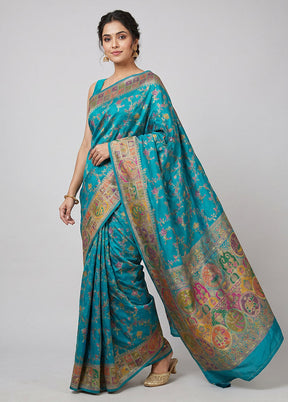 Blue Dupion Silk Saree With Blouse Piece