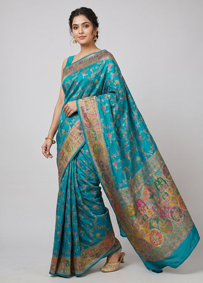 Blue Dupion Silk Saree With Blouse Piece