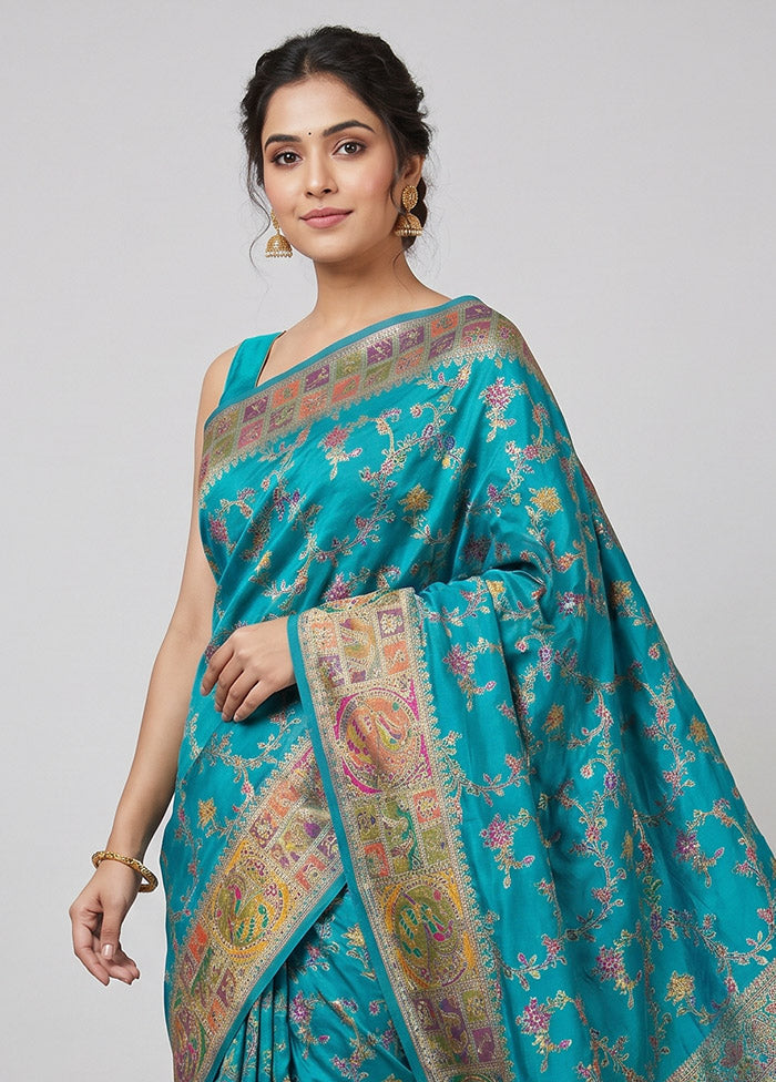 Blue Dupion Silk Saree With Blouse Piece