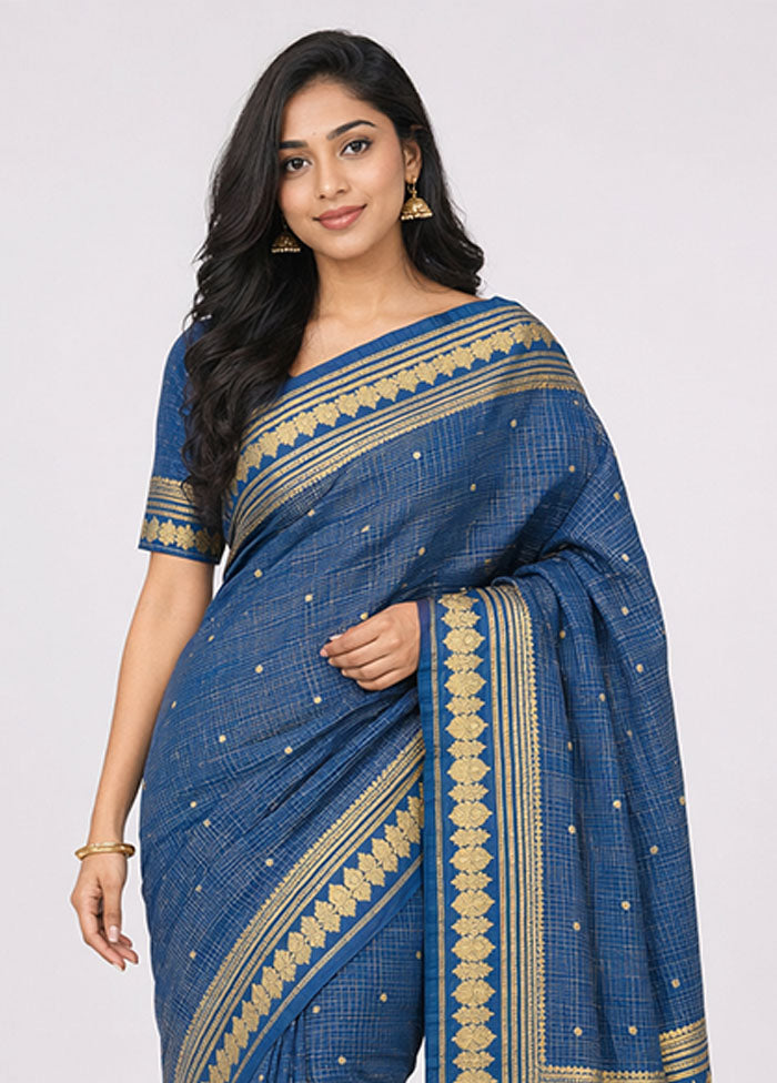 Blue Katan Silk Saree With Blouse Piece