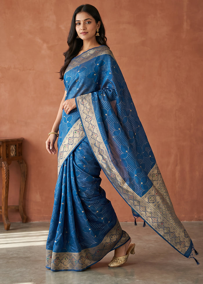 Blue Katan Silk Saree With Blouse Piece